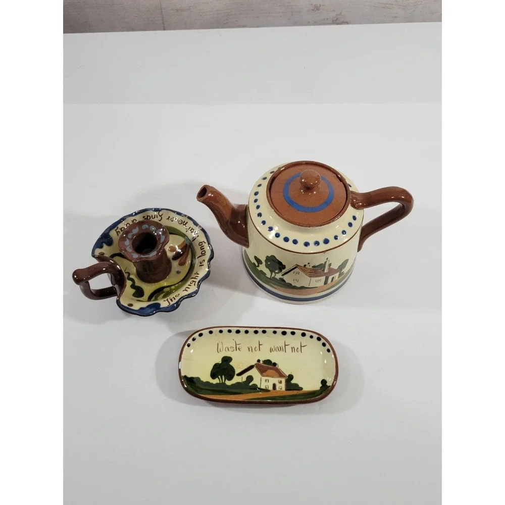 Watcombe Pottery Set Teapot Candle Holder Tray Motto Ware Torquay England